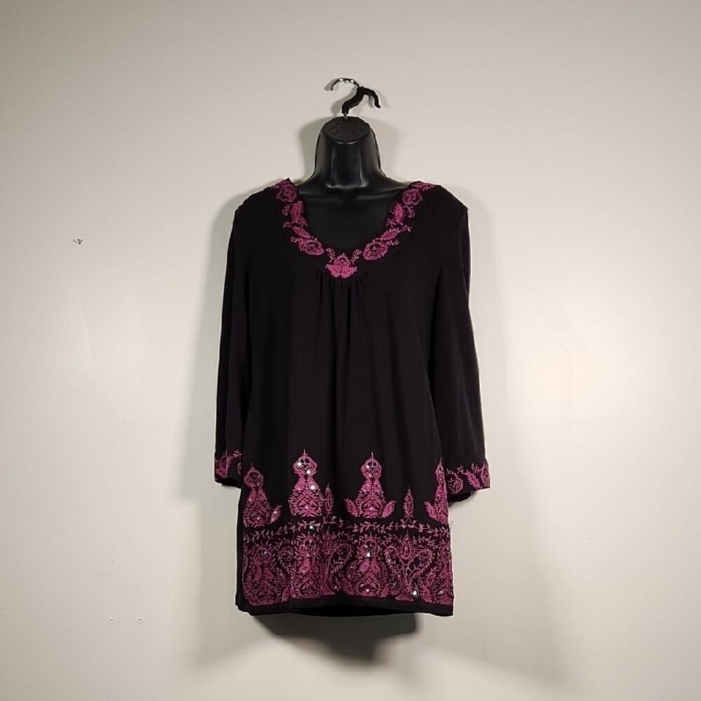 INC International Concepts Black Tunic Dress with Pink Embroidered Trim